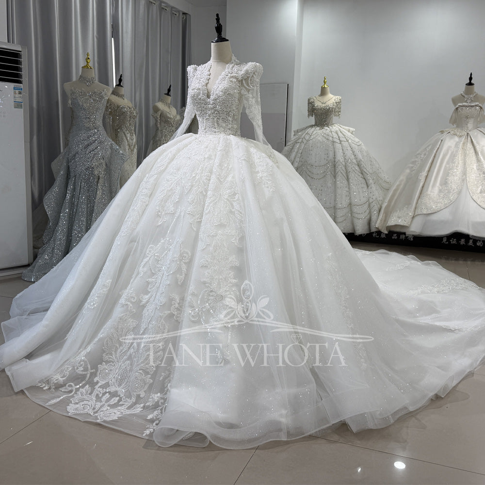 TW532 Scalloped Long Sleeve Beaded Bridal Wedding Dress Lace-Up Back Customized Ball Gown For Women Vestido De Noiva