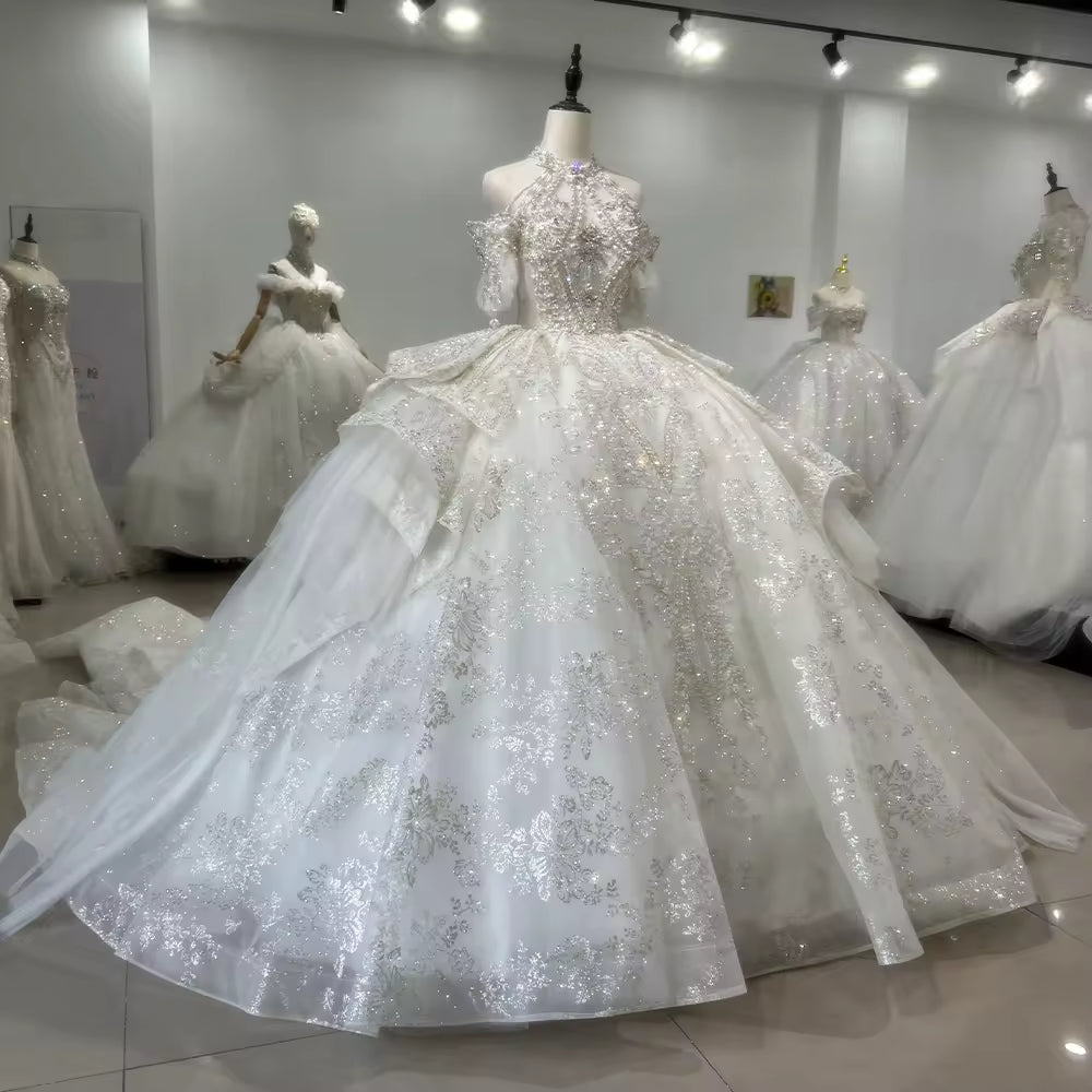 TW154 Suknia Slubna 2025 Halter Wedding Dress Lace Up Keyhole Back Beading Crystal Embroidery Luxury Ball Gown Customized Bridal Dress
