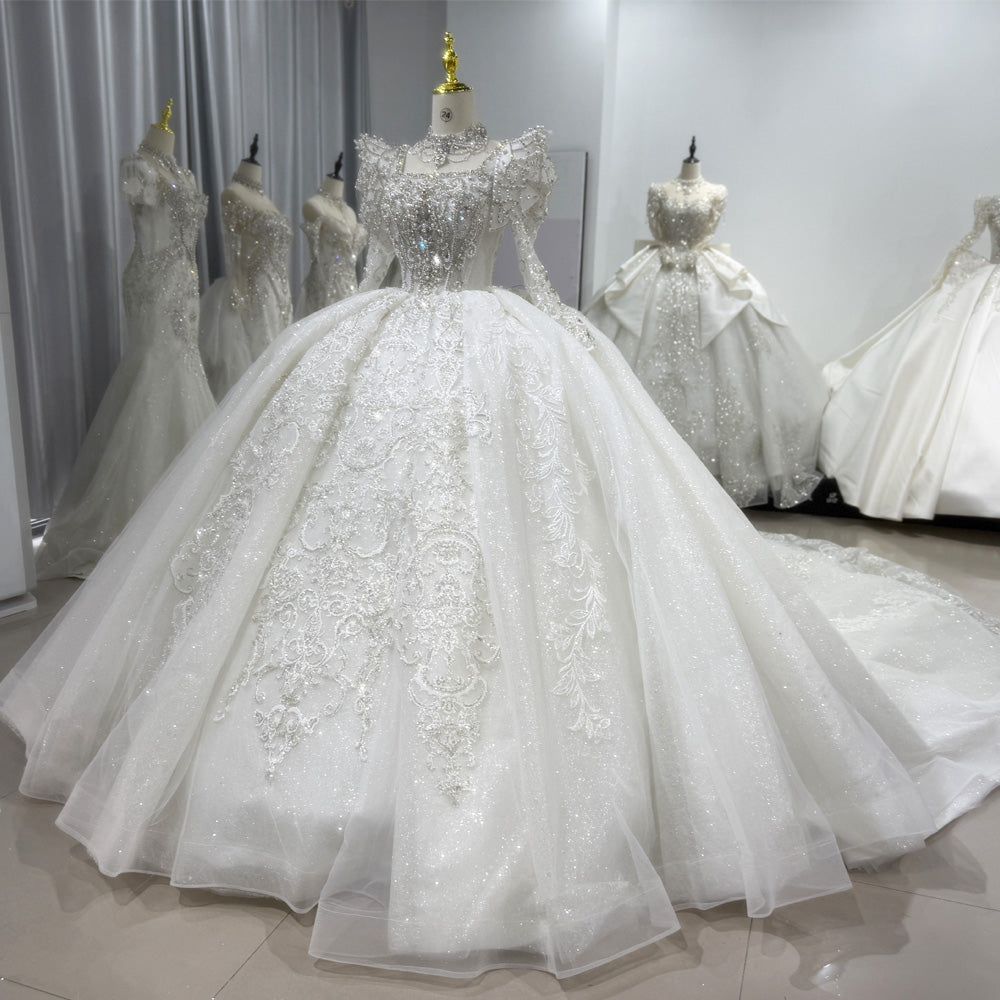 TW030 Corset Bridal Dress With Necklace Square Collar Lace Up Back Long Sleeve Beading Ball Gown Wedding Dress