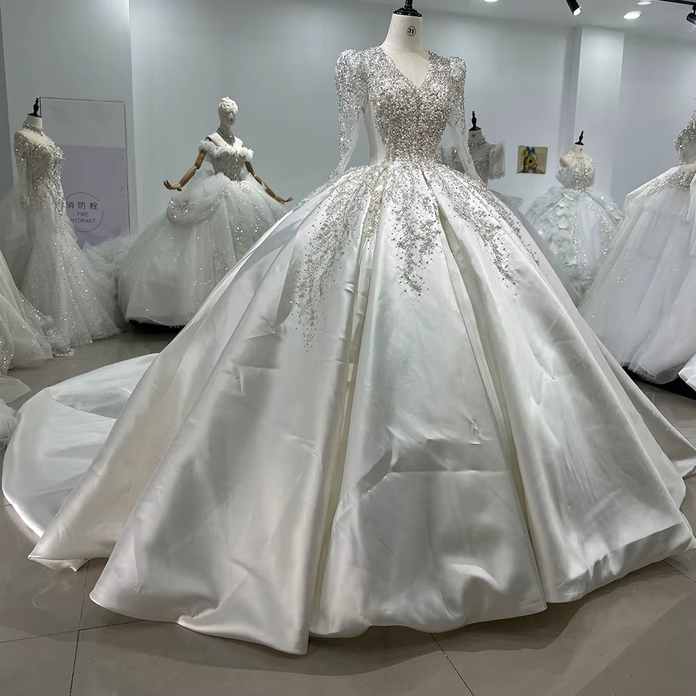TW142 Lace Wedding Dress Long Sleeve V-Neck Lace Up Keyhole Back Ball Gown Sequined Beading Embroidery Luxury Bridal Dress