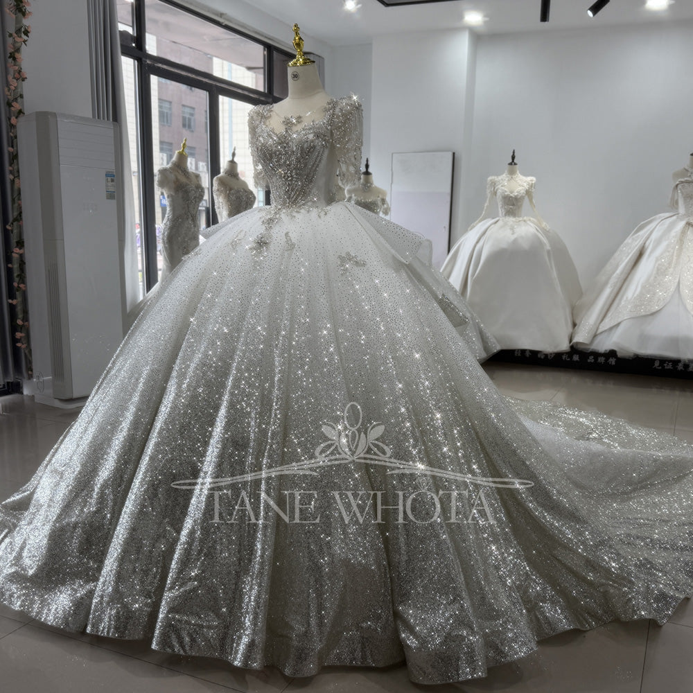 TW333 Bridal Wedding Dress O-Neck Half Sleeve Lace Up Back Ball Gown Weeding Dress Sequined Beading Crystal Luxury Bridal Dress