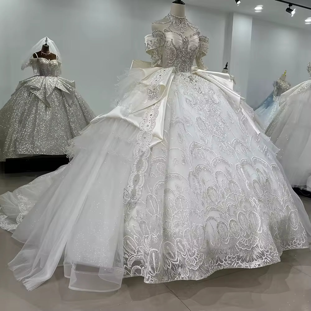 TW168 Vestido Casamento Long Sleeve Sweetheart Bow Wedding Dress Lace Up Back Ball Gown Sequined Beading Embroidery Bridal Dress