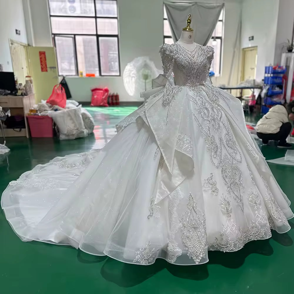 TW182 Robe Mariée Civile V-Neck Long Sleeve Lace Up Back Bow Customized Embroidery Beading Crystal Sequined Wedding Dress