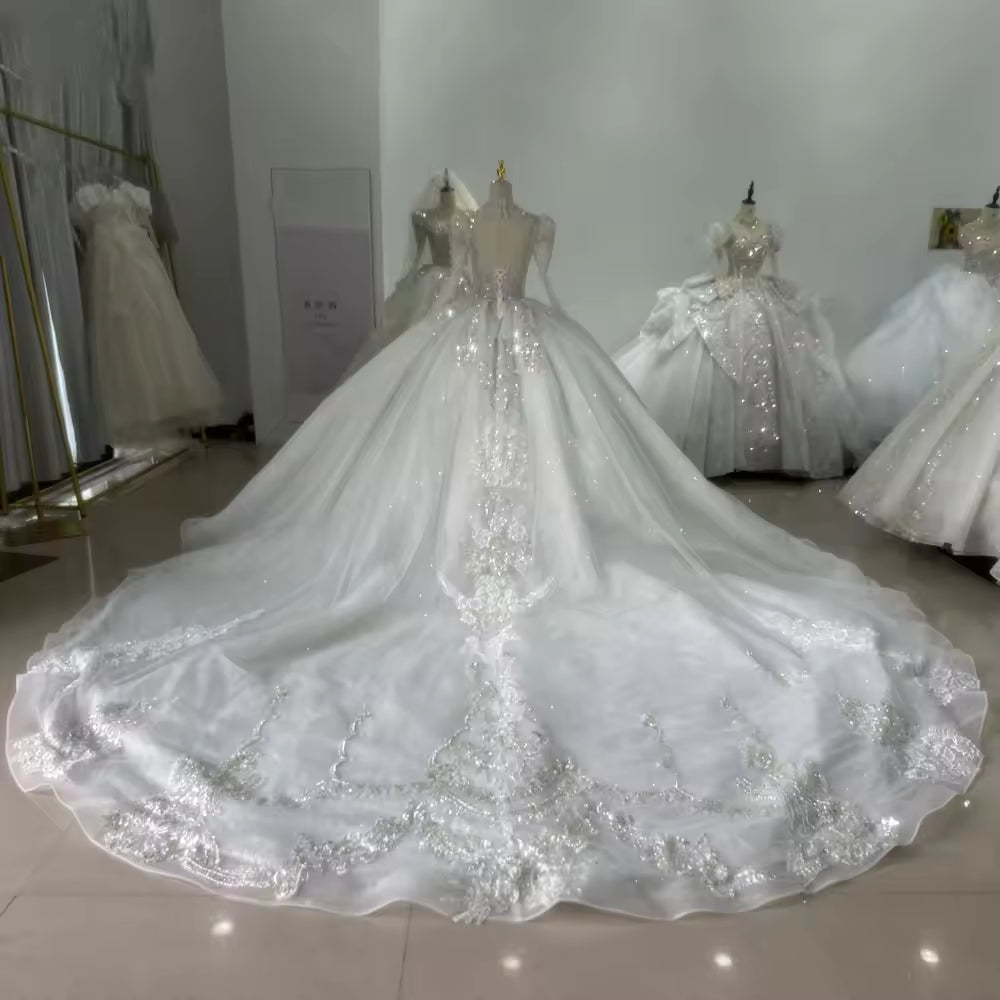 TW176 Vestido Para Boda Civil Ball Gown Wedding Dress V-Neck Long Sleeve Lace Up Back Beading Sequined Elegant Wedding Dress