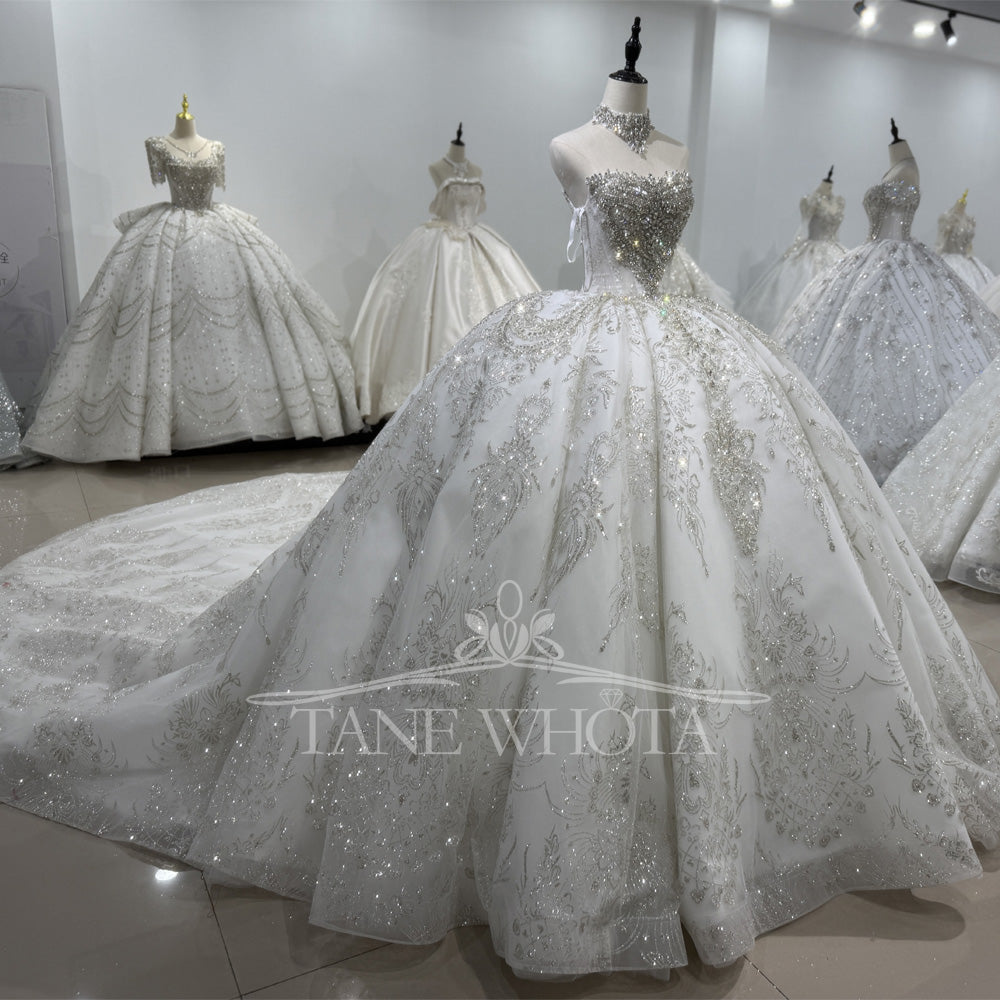 TW578 Women's Strapless Sleeveless Crystal Sequined Bridal Wedding Dress Lace-Up Back Customized Ball Gown Vestido De Noiva