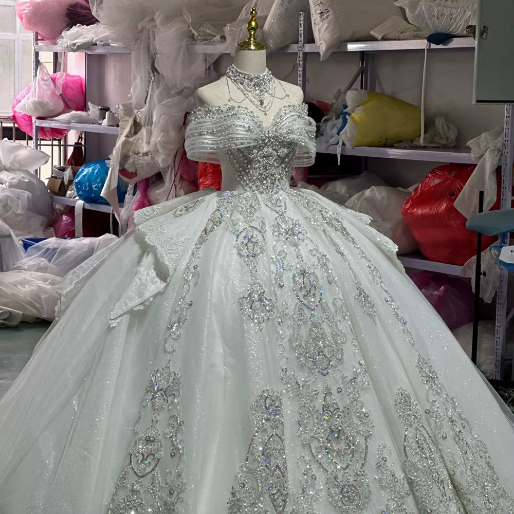 TW210 Vestidos Boda Civil Sweetheart Off Shoulder Wedding Dress Lace Up Back Beading Ball Gown Lace Bridal Dress