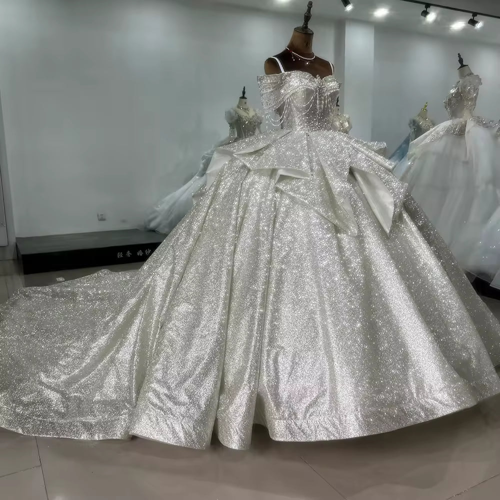 TW164 Shiny Silver Vestidos Para Boda Civil Off the Shoulder Lace Up Back Customized Wedding Dress Beading Glitter Wedding Dresses