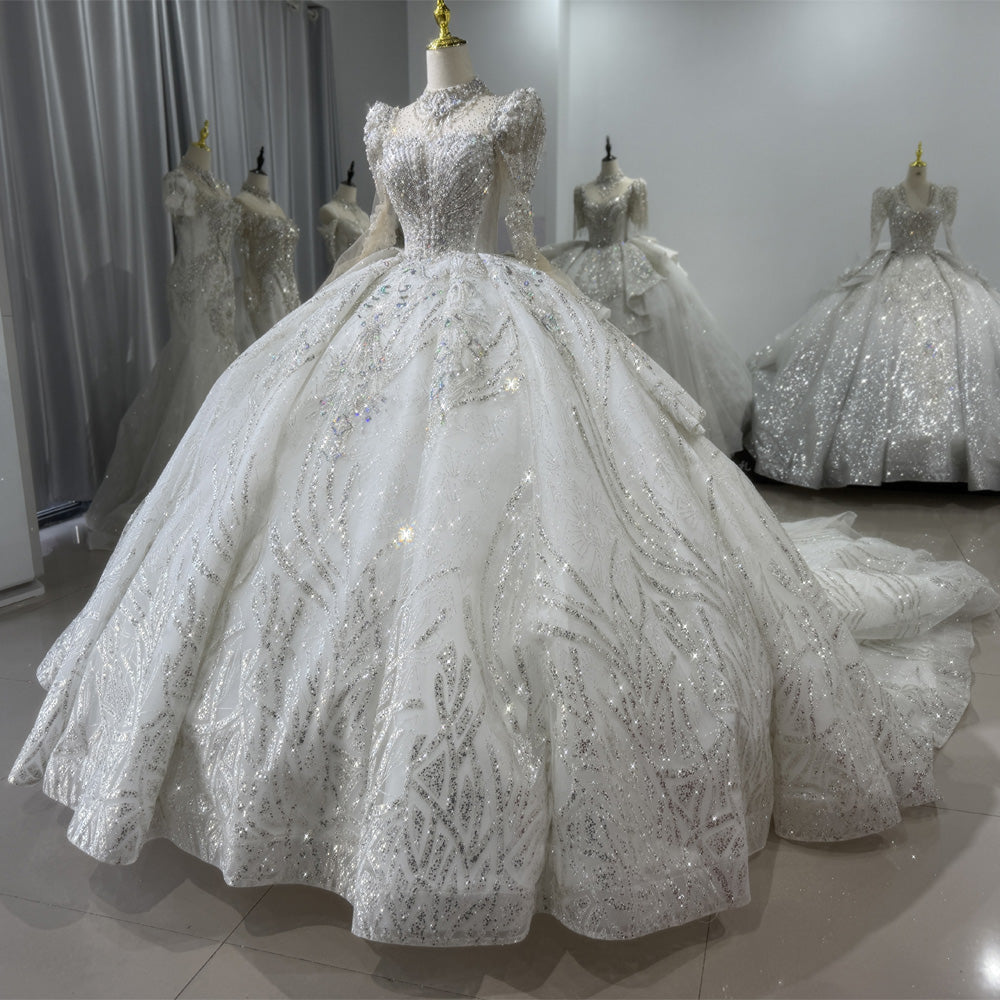TW122 Princess Wedding Dress Long Sleeve O-Neck Lace Up Keyhole Back Beading Sequins Rhinestones Crystal Ball Gown Bridal Dress