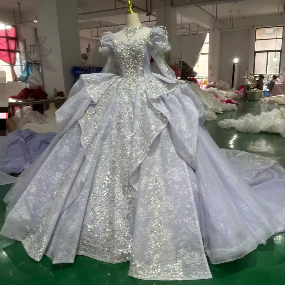 TW153 Luxury Purple Evening Dress Long Sleeve High Neck Lace Up Back Bow Beading Ball Gown Rhinestones Formal Dress