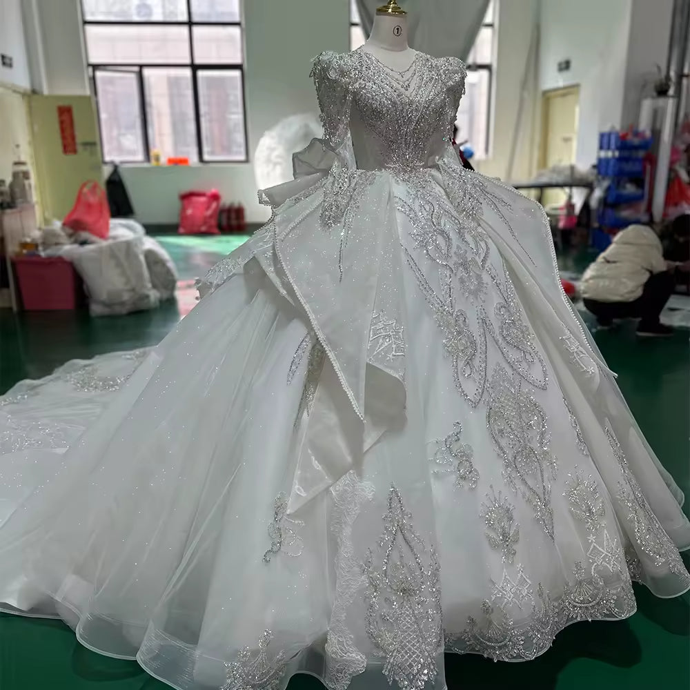 TW182 Robe Mariée Civile V-Neck Long Sleeve Lace Up Back Bow Customized Embroidery Beading Crystal Sequined Wedding Dress