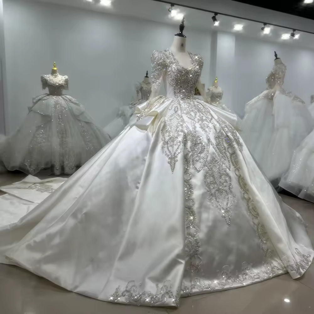 TW151 Ball Gown Dress Long Sleeve Halter Lace Up Keyhole Back Sequined Beading Customized Wedding Dress