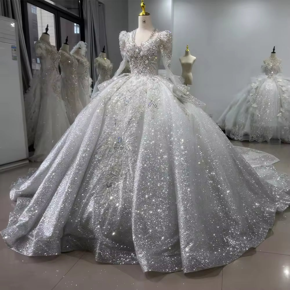 TW146 Vestido De Noiva 2025 Long Sleeve V-Neck Wedding Dress Lace Up Back Star Beading Crystal Embroidery Ball Gown Bridal Dress