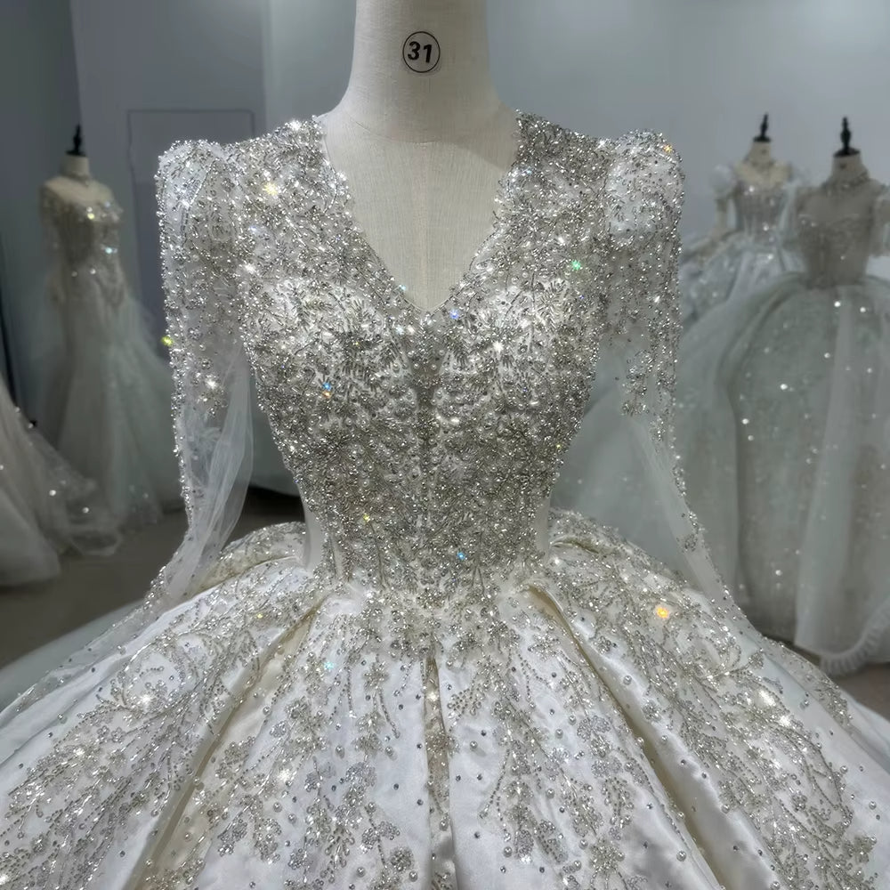 TW142 Lace Wedding Dress Long Sleeve V-Neck Lace Up Keyhole Back Ball Gown Sequined Beading Embroidery Luxury Bridal Dress
