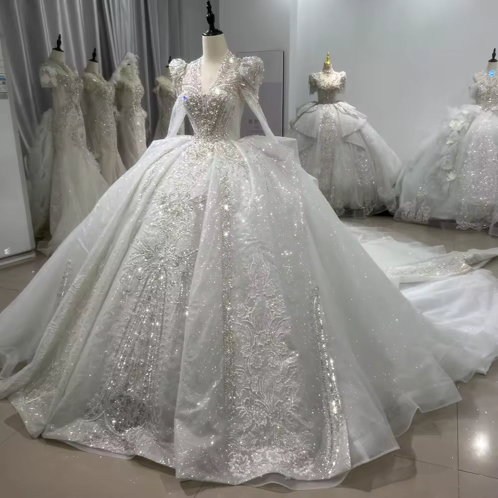 TW147 Weddings Dress 2025 Long Sleeve V-Neck Wedding Dress Lace Up Keyhole Back Beading Crystal Shiny Ball Gown Bridal Dress