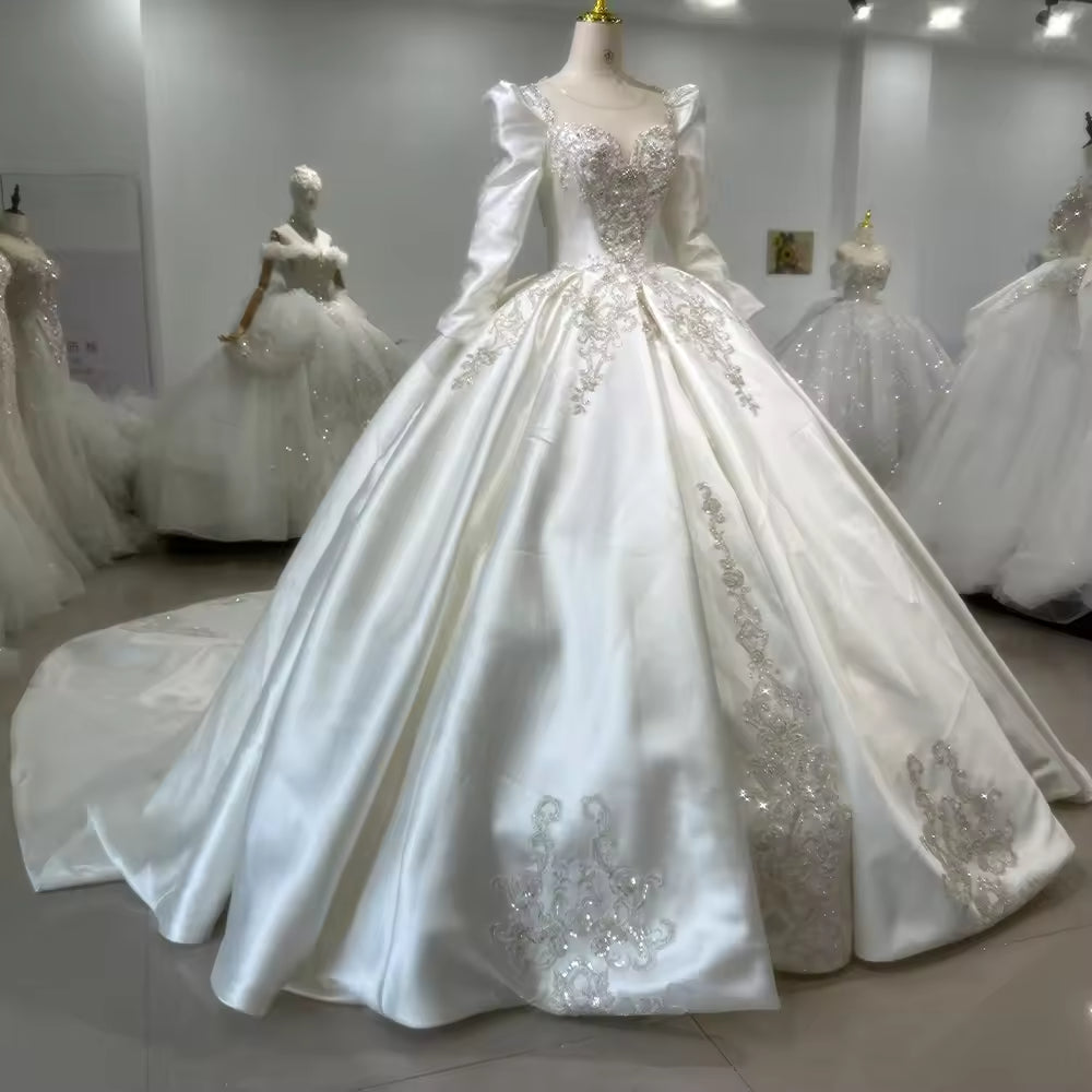 TW152 Robe Mariée Femme O-Neck Long Sleeve Lace Up Back Wedding Dress Embroidery Sequined Ball Gown Customized Bridal Dress