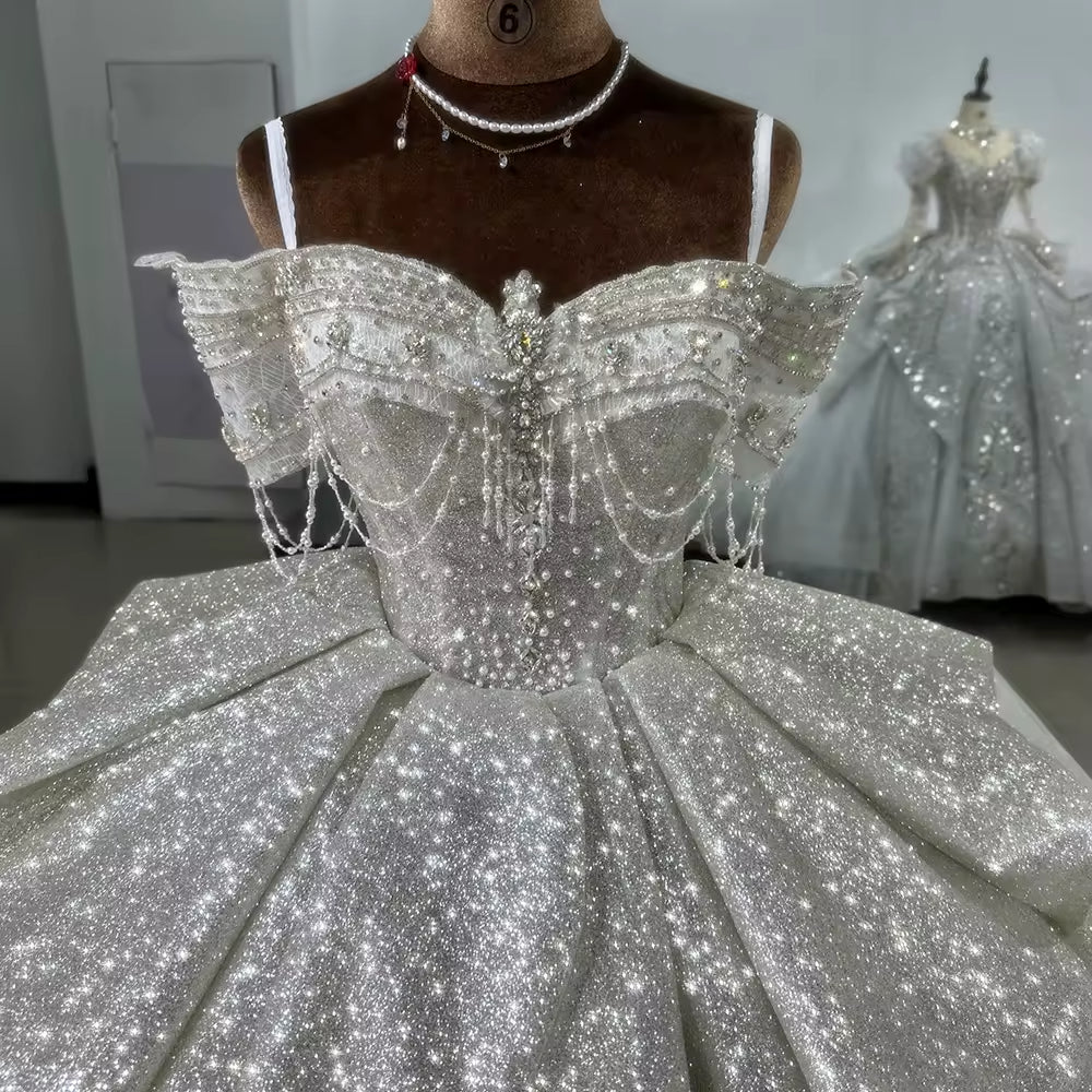 TW164 Shiny Silver Vestidos Para Boda Civil Off the Shoulder Lace Up Back Customized Wedding Dress Beading Glitter Wedding Dresses
