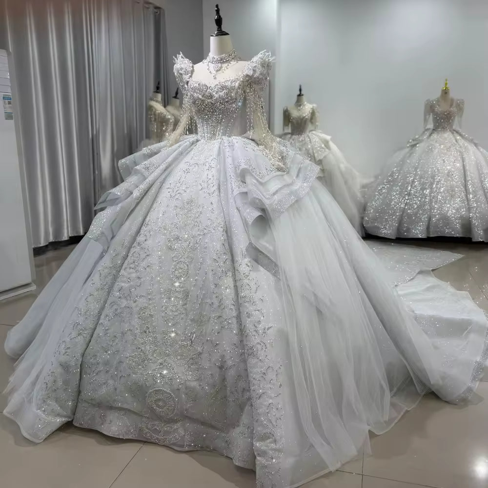 TW135 Vestido De Noiva Casamento Sweetheart Long Sleeve Wedding Dress Keyhole Back Beading Crystal Embroidery Ball Gown Bridal Dress
