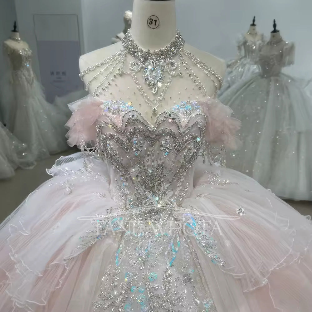 TW021 2025 Halter Wedding Dress Lace Up Back Ball Gown Beading Sequined Crystal Bridal Gown Customized Elegant Bridal Dress