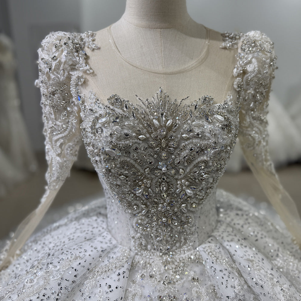 TW127 Vestidos De Noiva Casamento Long Sleeve O-Neck Keyhole Back Wedding Dress Beading Sequins Crystal Ball Gown Siver Bridal Dress