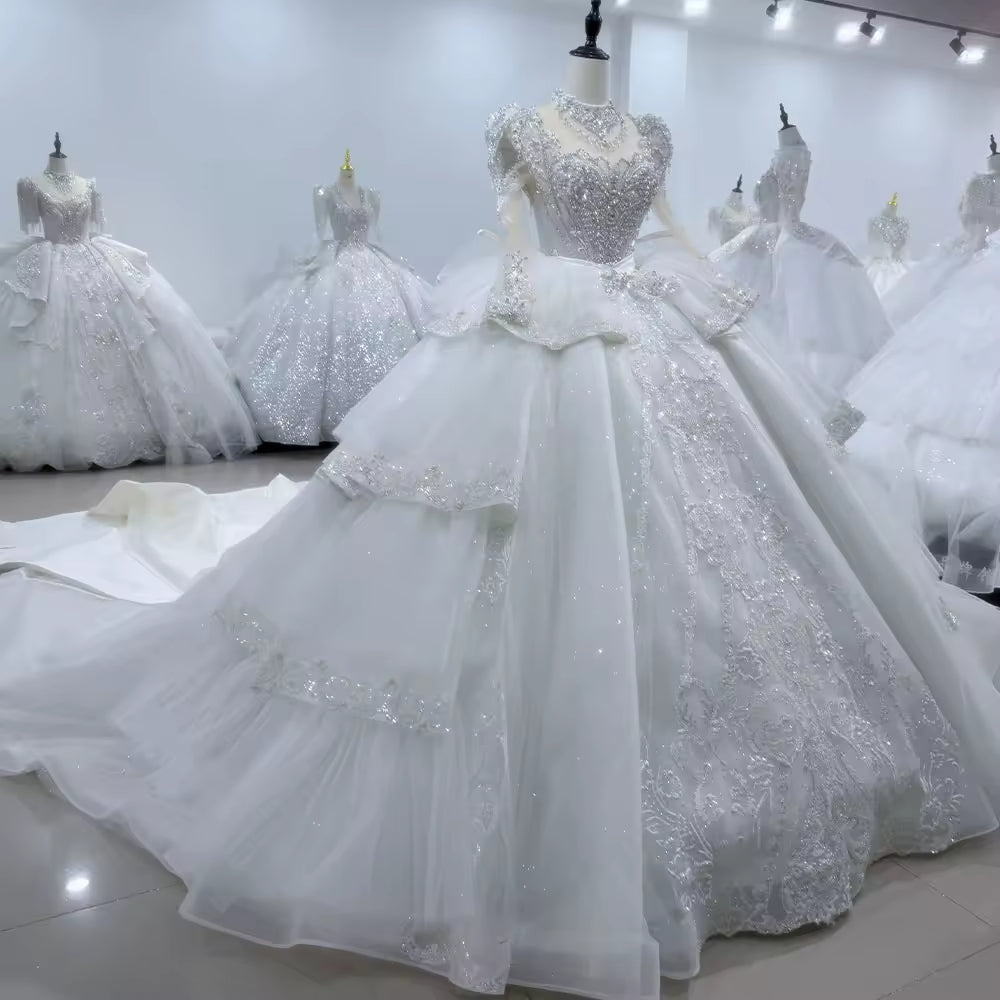 TW111 Vestido Noiva Casamento Civil Long Sleeve High Neck Wedding Dress Lace Up Back Ball Gown Tiered Beading Bow Bridal Dress