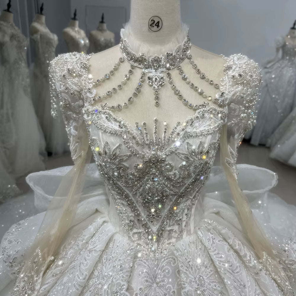 TW132 Long Sleeve Wedding Gown High Lace Up Keyhole Back Wedding Dress Embroidery Bow Beading Sequined Crystal Ball Gown Bridal Dress