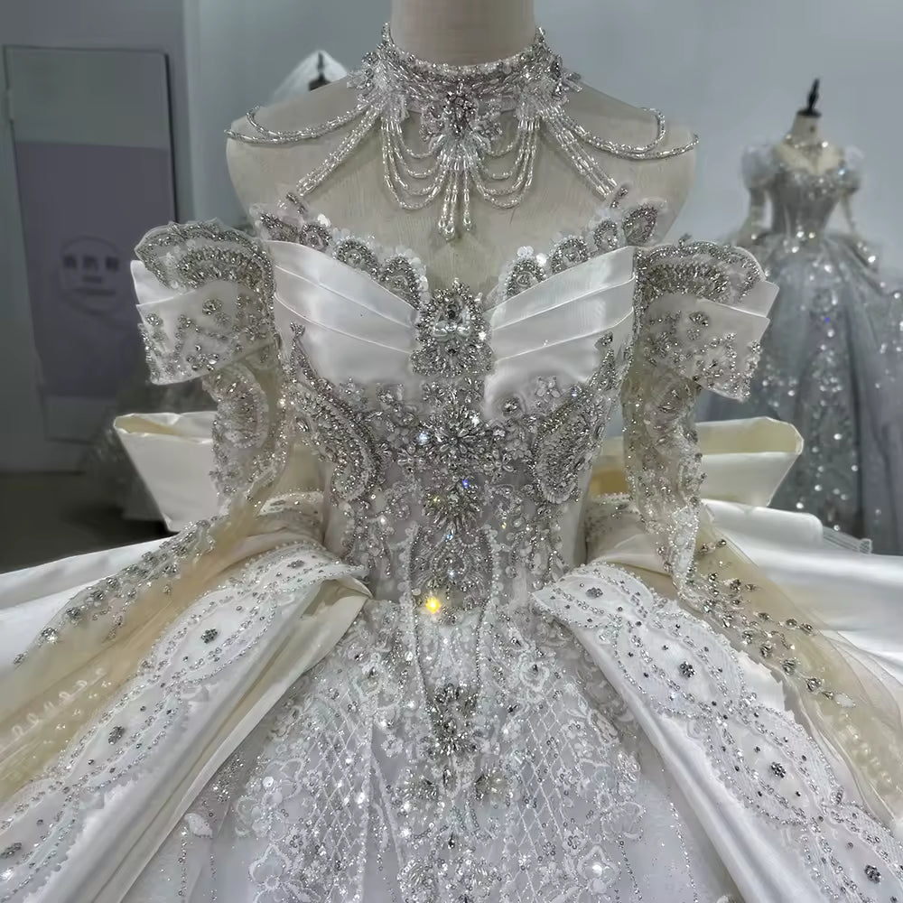 TW168 Vestido Casamento Long Sleeve Sweetheart Bow Wedding Dress Lace Up Back Ball Gown Sequined Beading Embroidery Bridal Dress
