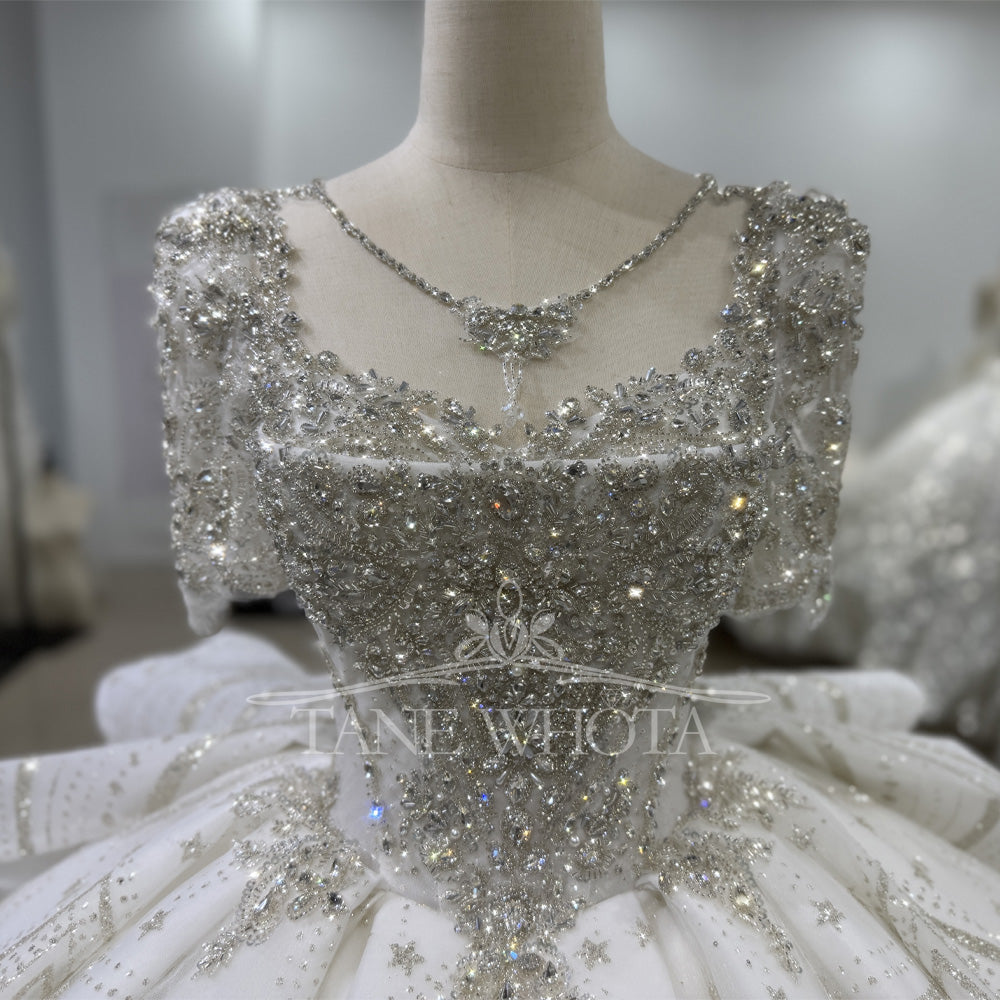 TW401 Luxury Long Wedding Dress O-Neck Half Sleeve Lace up Back Sequined Crystal Classic Bridal Customized Gown for Brides