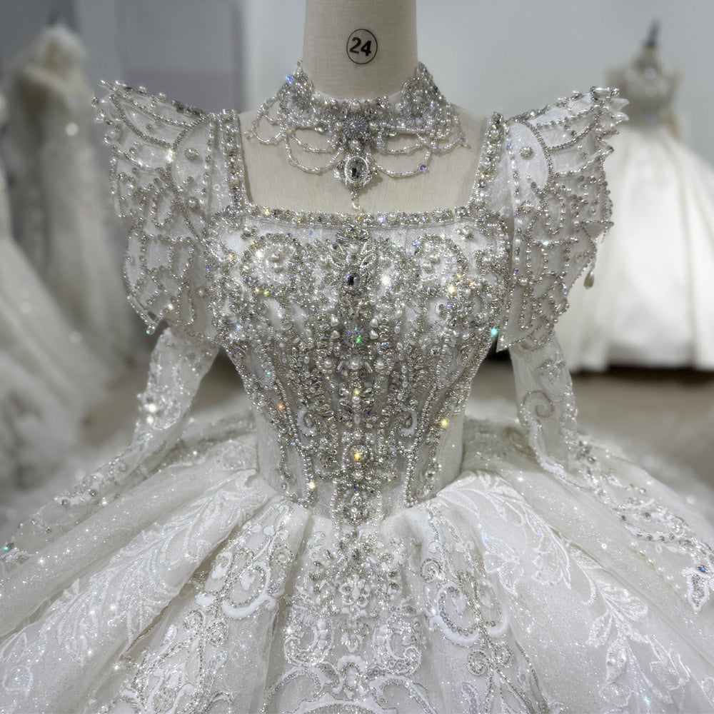 TW030 Corset Bridal Dress With Necklace Square Collar Lace Up Back Long Sleeve Beading Ball Gown Wedding Dress