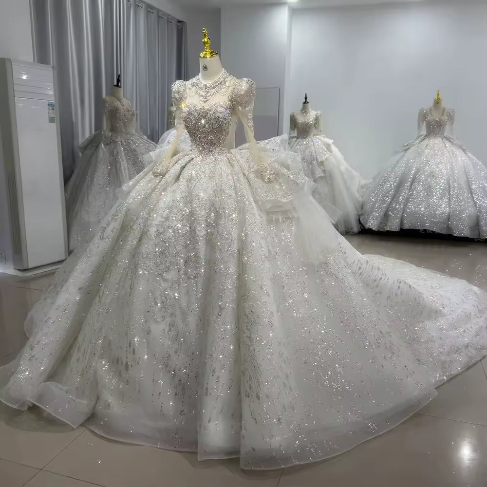 TW108 Suknia ślubna 2025 Long Sleeve High Neck Wedding Dress Lace Up Back Ball Gown Embroidery Beading Crystal Bridal Dress