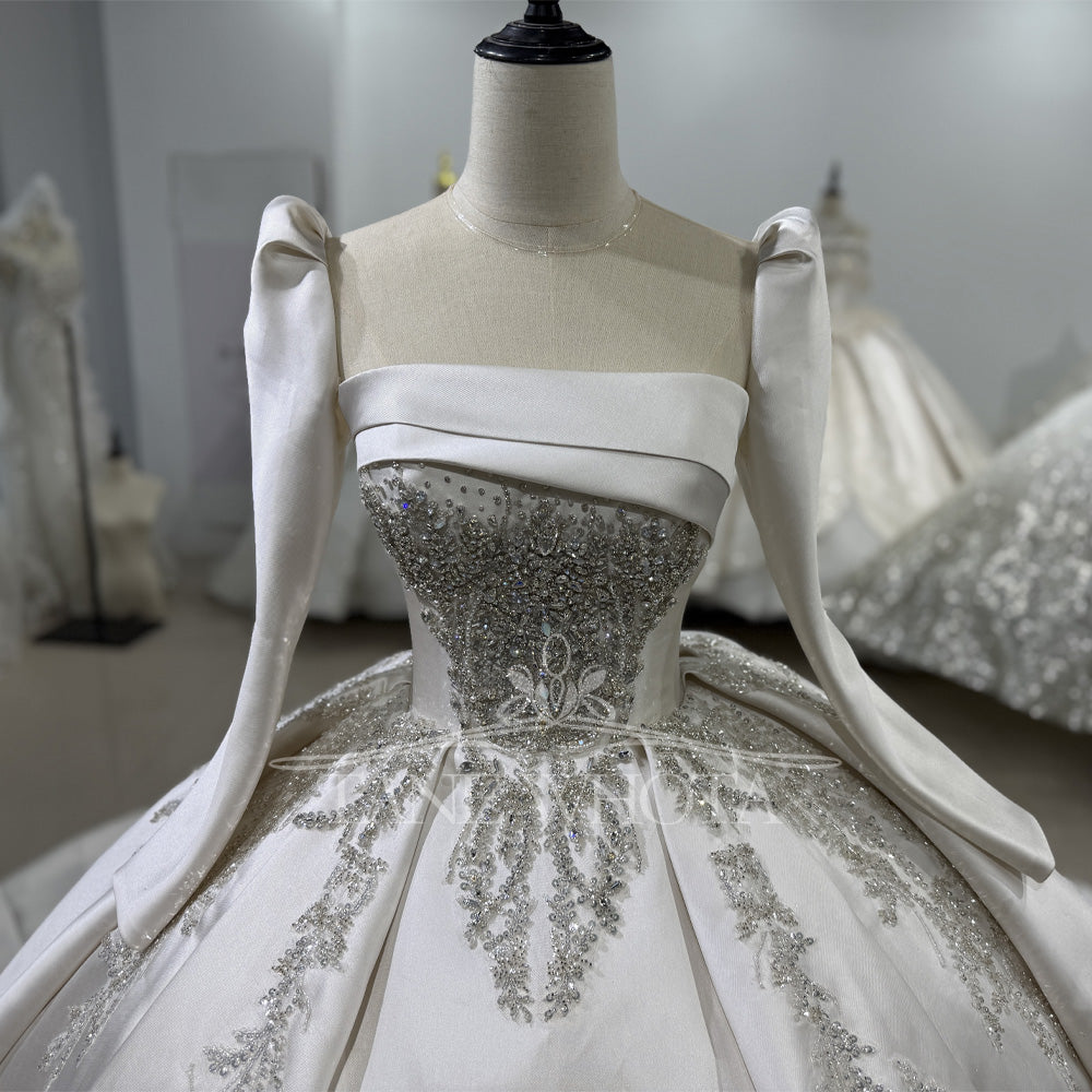 TW402 Vestido De Casamento Civil O-Neck Long Sleeve Lace Up Back Embroidery Sequined Crystal Customized Wedding Dress Luxury