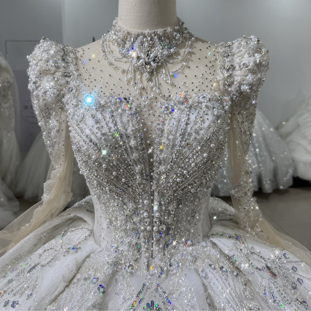 TW122 Princess Wedding Dress Long Sleeve O-Neck Lace Up Keyhole Back Beading Sequins Rhinestones Crystal Ball Gown Bridal Dress