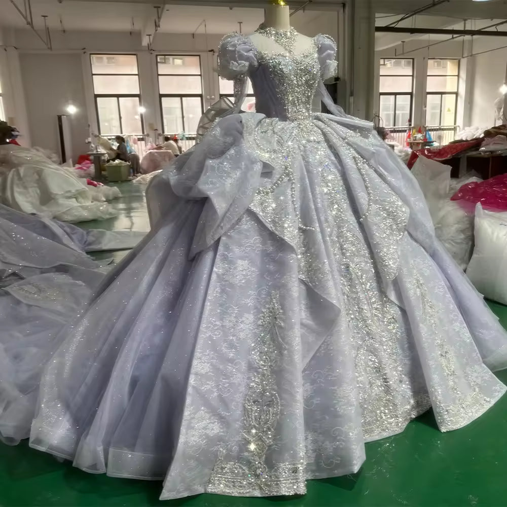 TW153 Luxury Purple Evening Dress Long Sleeve High Neck Lace Up Back Bow Beading Ball Gown Rhinestones Formal Dress