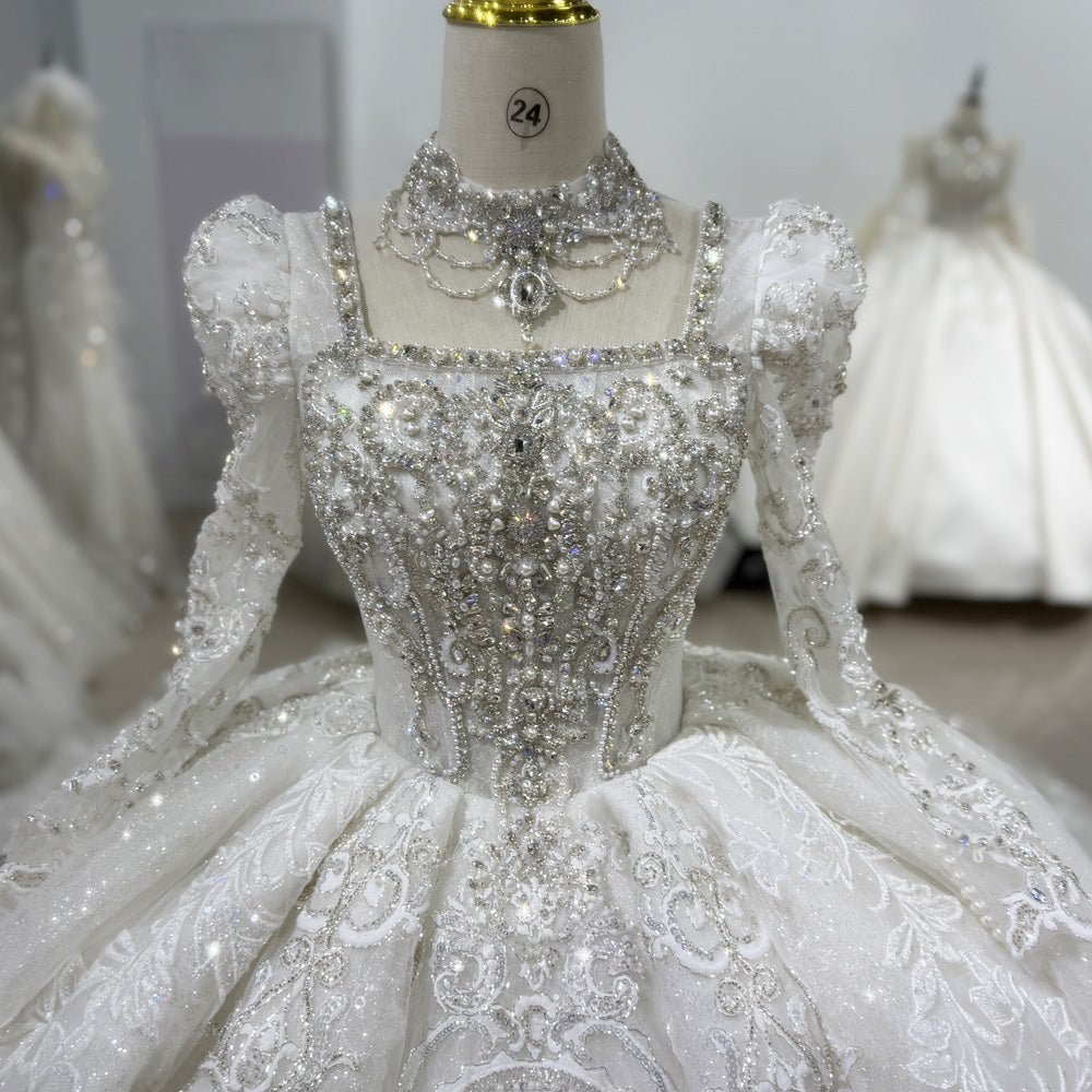 TW030 Corset Bridal Dress With Necklace Square Collar Lace Up Back Long Sleeve Beading Ball Gown Wedding Dress