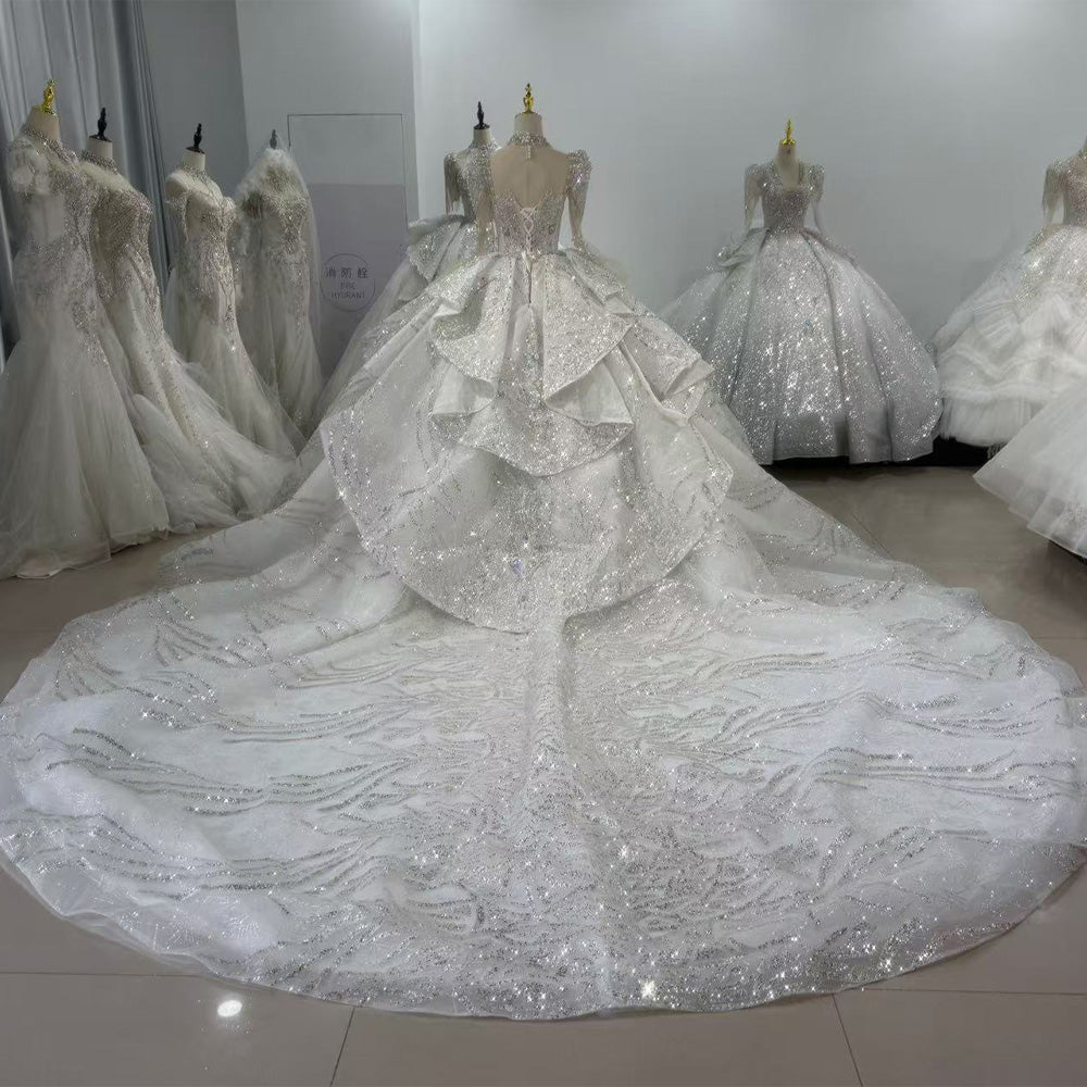 TW122 Princess Wedding Dress Long Sleeve O-Neck Lace Up Keyhole Back Beading Sequins Rhinestones Crystal Ball Gown Bridal Dress