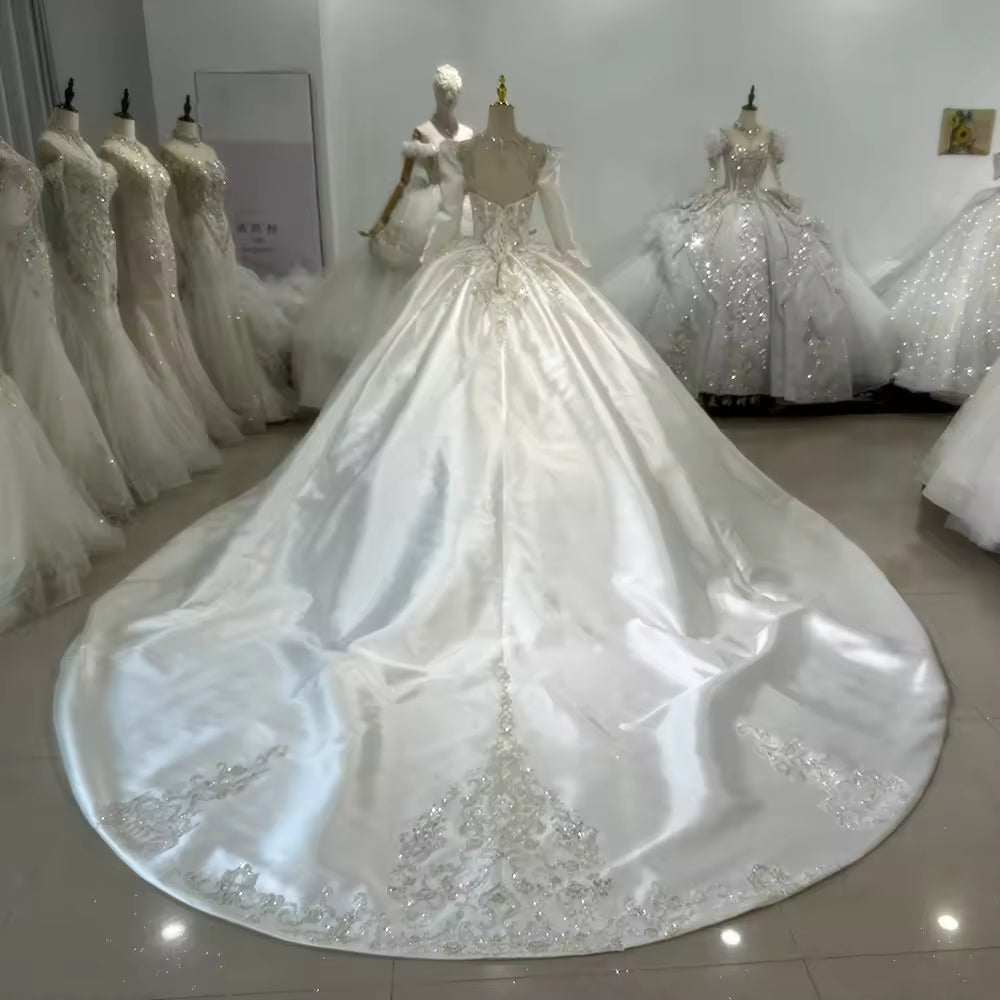 TW152 Robe Mariée Femme O-Neck Long Sleeve Lace Up Back Wedding Dress Embroidery Sequined Ball Gown Customized Bridal Dress
