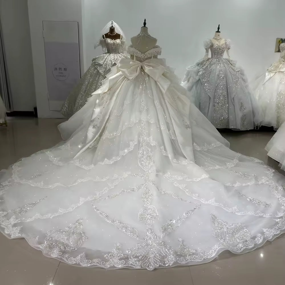 TW168 Vestido Casamento Long Sleeve Sweetheart Bow Wedding Dress Lace Up Back Ball Gown Sequined Beading Embroidery Bridal Dress