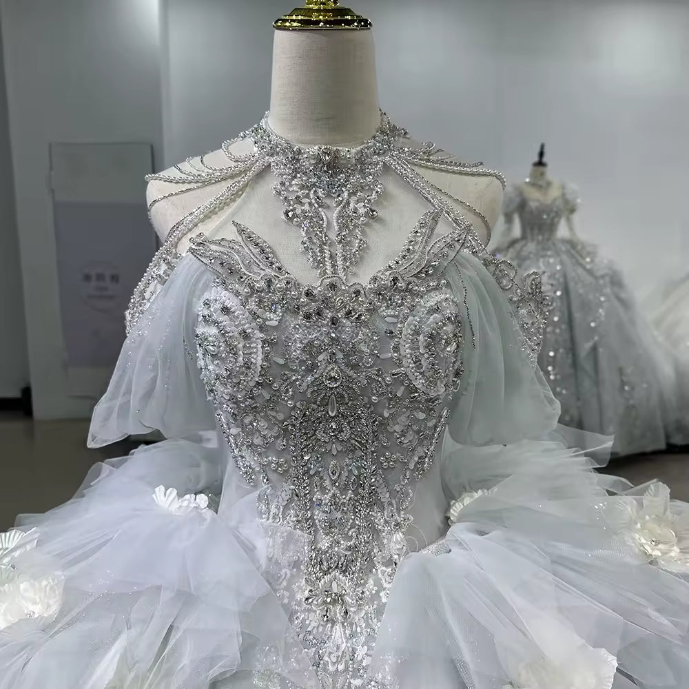 TW170 Brautkleider High Off Shoulder Lace Up Back Wedding Dress Embroidery Beading Sequined Crystal Ball Gown Customized Bridal Dress