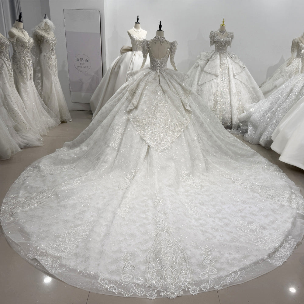 TW130 Robe De Mariée Femme Long Sleeve Wedding Dress Lace Up Back Ball Gown Embroidery Sequined Beading Crystal Bridal Dress