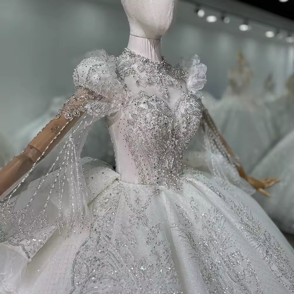 TW140 Vestido Novia Civil High Flare Sleeve Wedding Dress Lace Up Keyhole Back Beading Crystal Ball Gown Bridal Dress