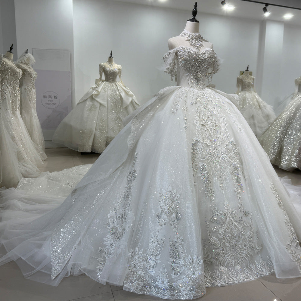 TW010 Vestidos De Novias Off The Shoulder Ball Gown Lace Beading Shiny Luxury Wedding Dresses 2025