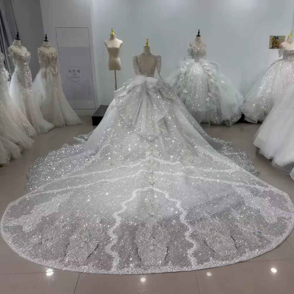 TW146 Vestido De Noiva 2025 Long Sleeve V-Neck Wedding Dress Lace Up Back Star Beading Crystal Embroidery Ball Gown Bridal Dress