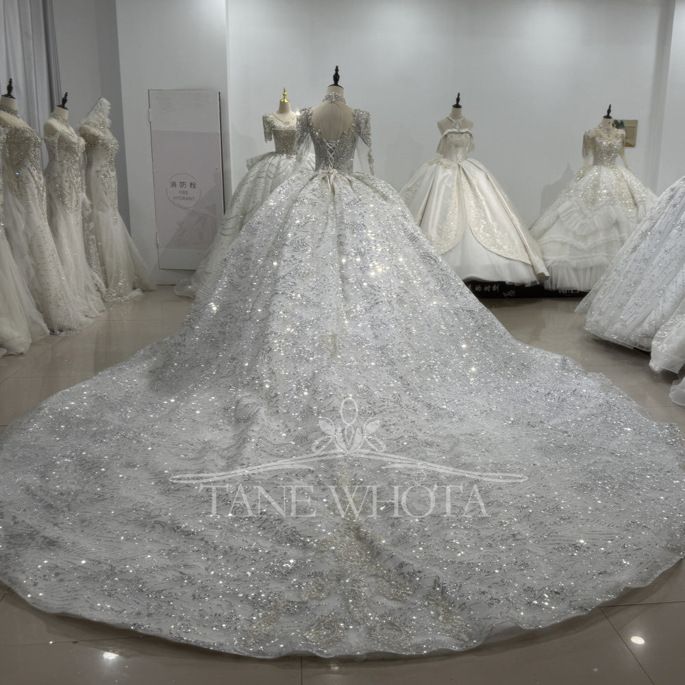 TW486 Elegant Silver Wedding Gowns Long Sleeve High Neck Ball Gown Crystal Silver Lace Sequins Bridal Dress Long Train