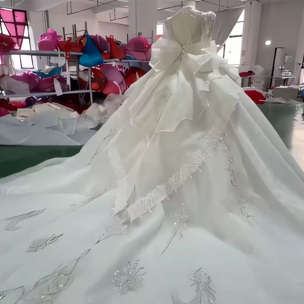TW182 Robe Mariée Civile V-Neck Long Sleeve Lace Up Back Bow Customized Embroidery Beading Crystal Sequined Wedding Dress