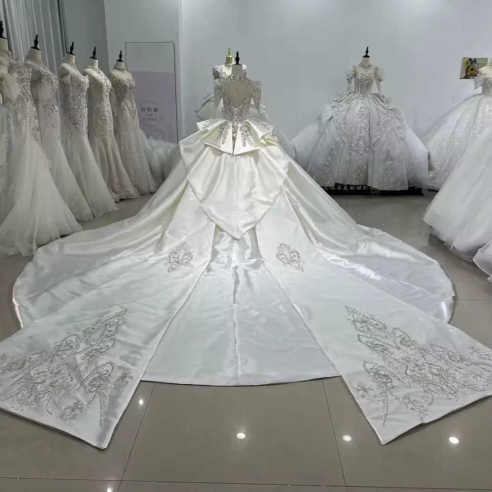 TW151 Ball Gown Dress Long Sleeve Halter Lace Up Keyhole Back Sequined Beading Customized Wedding Dress