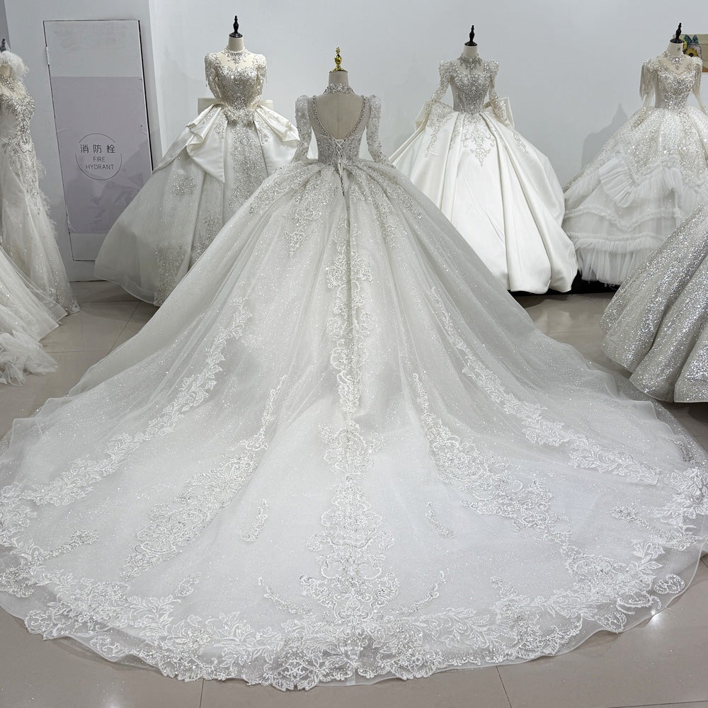 TW030 Corset Bridal Dress With Necklace Square Collar Lace Up Back Long Sleeve Beading Ball Gown Wedding Dress