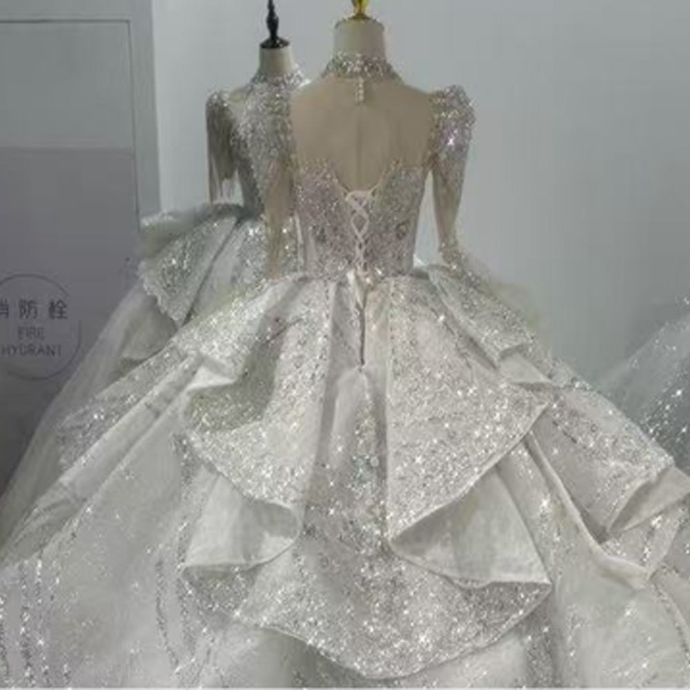 TW122 Princess Wedding Dress Long Sleeve O-Neck Lace Up Keyhole Back Beading Sequins Rhinestones Crystal Ball Gown Bridal Dress