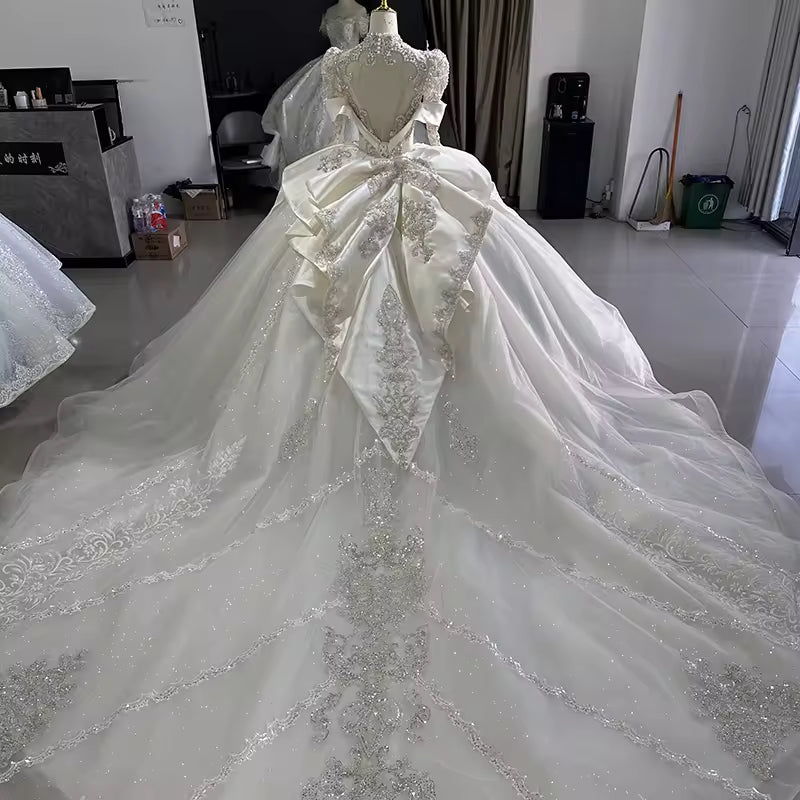 TW141 Long Sleeve Sweetheart Lace Up Back Wedding Dress Bow Beading Sequined Star Crystal Ball Gown Bridal Dress