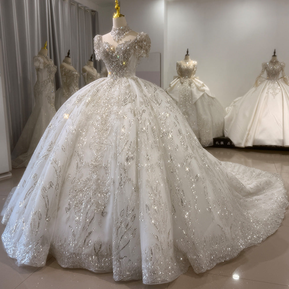 TW015 Trouwjurk Short Sleeve Sweetheart Wedding Dress Lace Up Back Ball Gown Bridal Dress