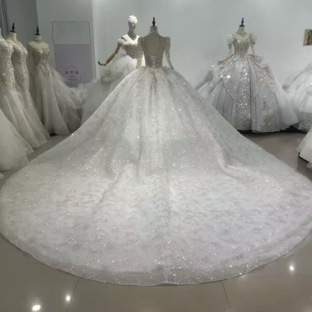 TW160 Wedding Dress High Neck Long Sleeve Lace Up Keyhole Back Wedding Dress Beading Sequins Star Ball Gown Bridal Dress