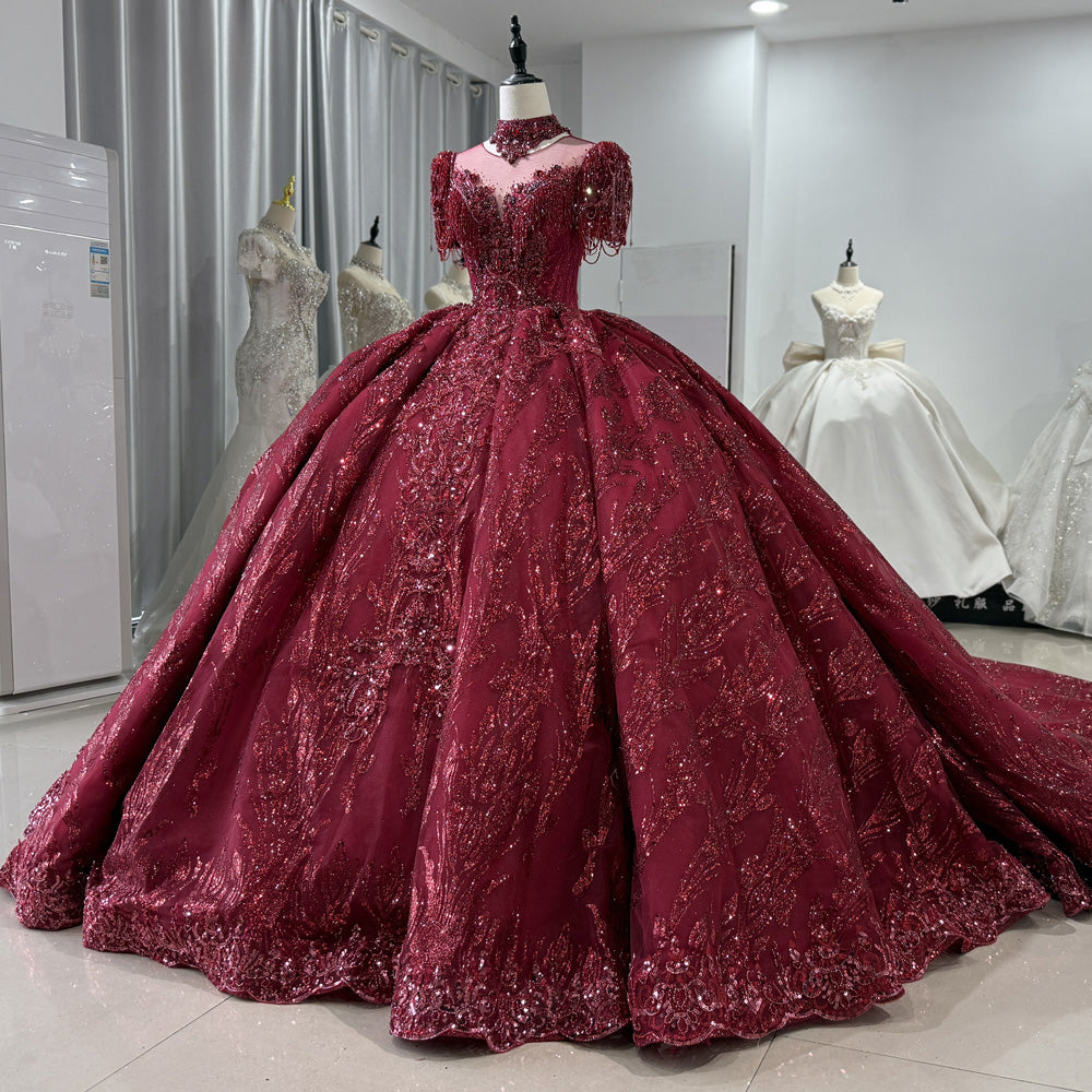 TW128 Evening Dresses Luxury 2025 Half Sleeve O-Neck Crystal Embroidery Beaded Keyhole Back Red Long Dresses For Special Occasions